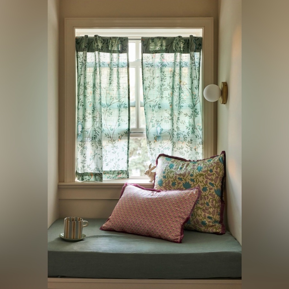 Anthropologie Priyanka Organic Cotton Printed Bird Café Curtains, Set of 2, Gree